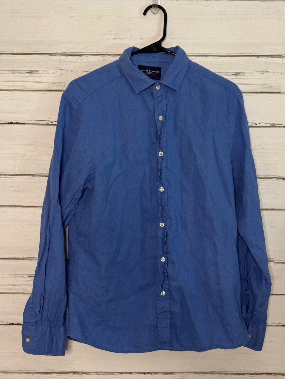 Charles Tyrwhitt 100% Linen Blue Slim Fit Button Down Shirt Medium